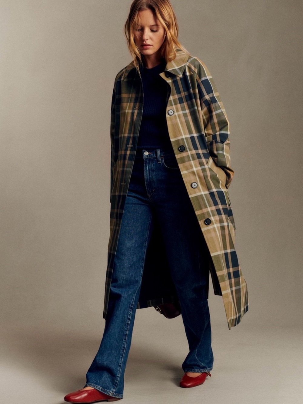 Sézane Clyde Coat Beige + Moss Check Trench Coat